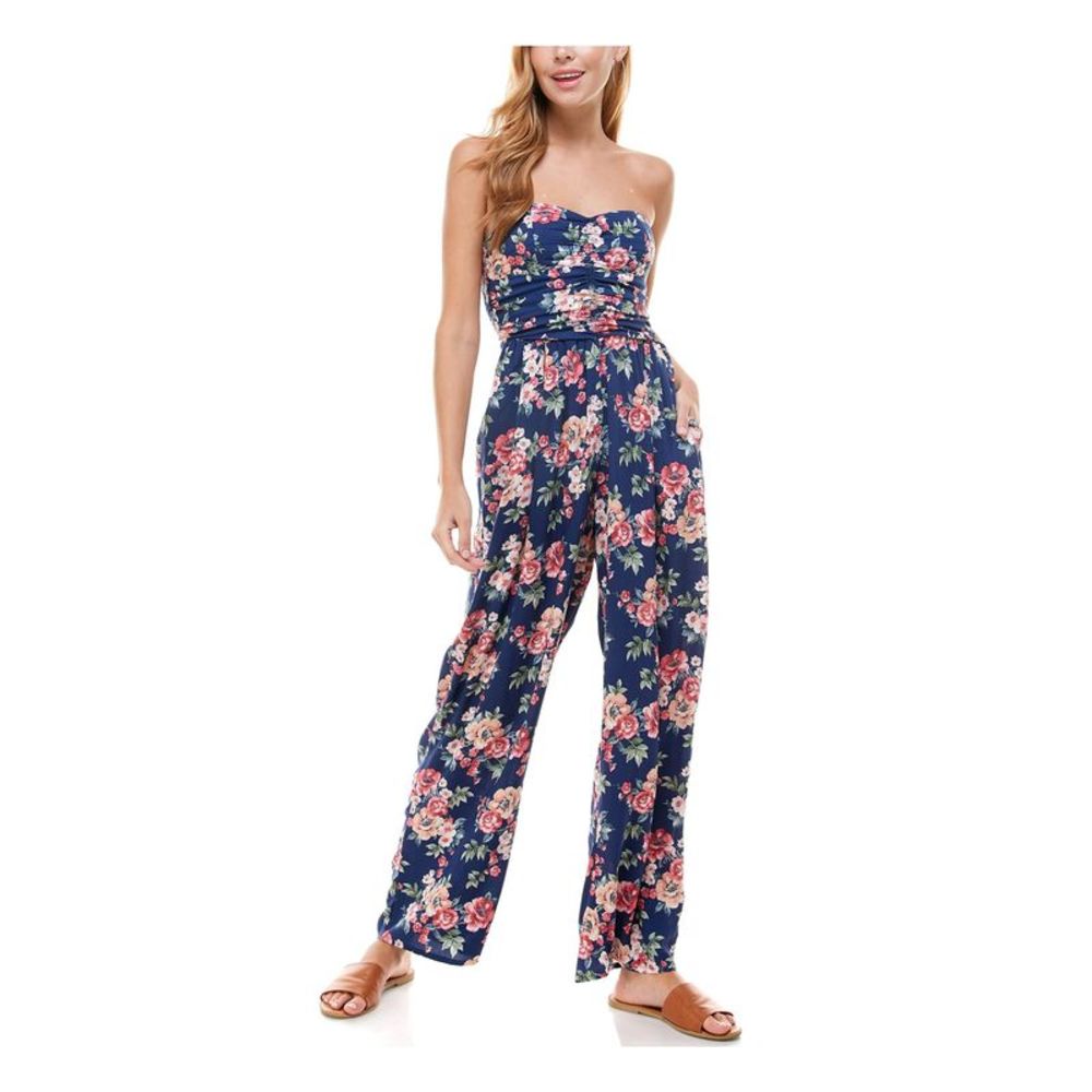 SECRET CHARM Womens Navy Elastic Back Sleeveless Strapless Jumpsuit Juniors XS